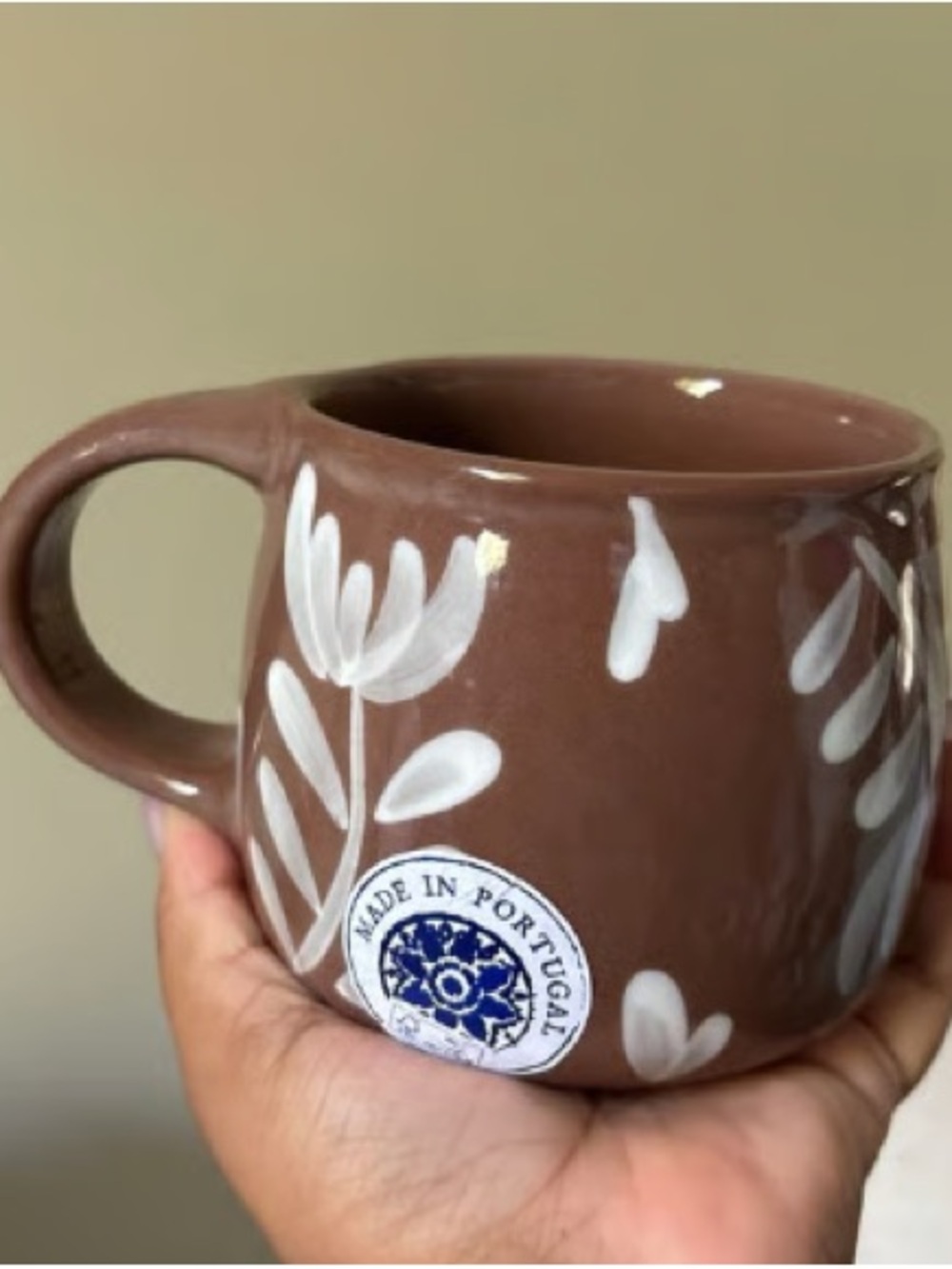 Hand-Painted Brown Ceramic Mug with White Floral Accents